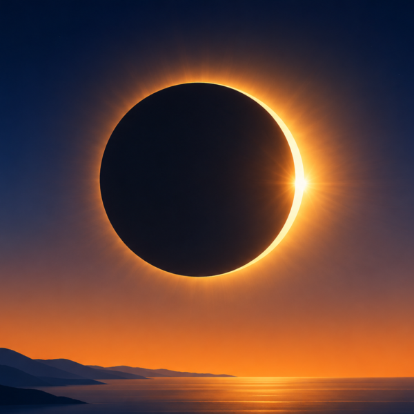 Dramatic solar eclipse over calm landscape