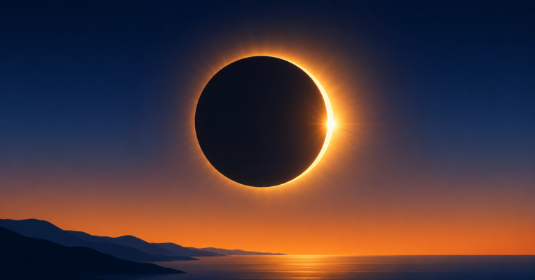 Dramatic solar eclipse over calm landscape