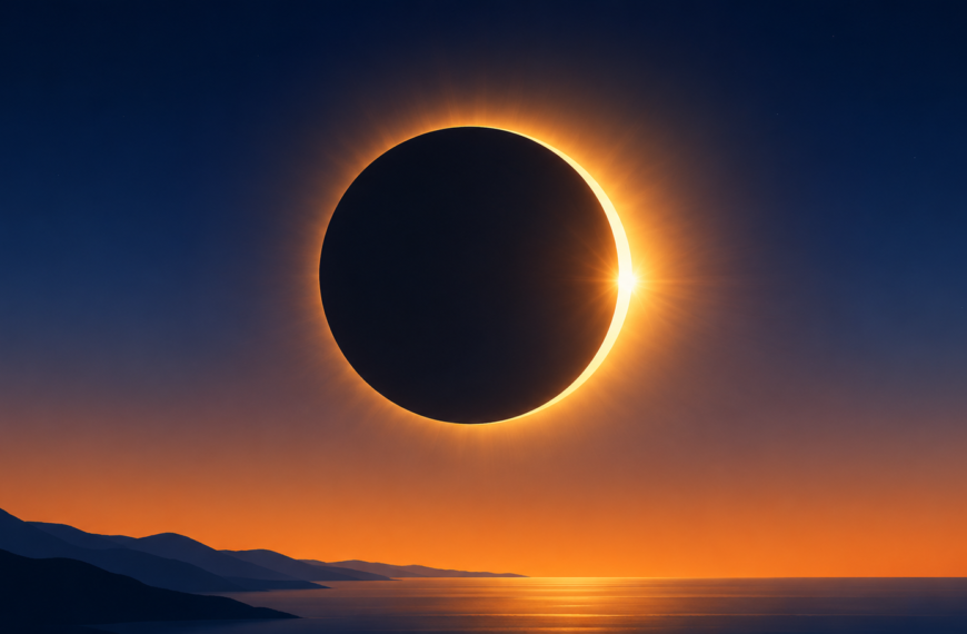 Dramatic solar eclipse over calm landscape