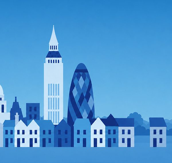 London Streetscape in a Calm Blue Park