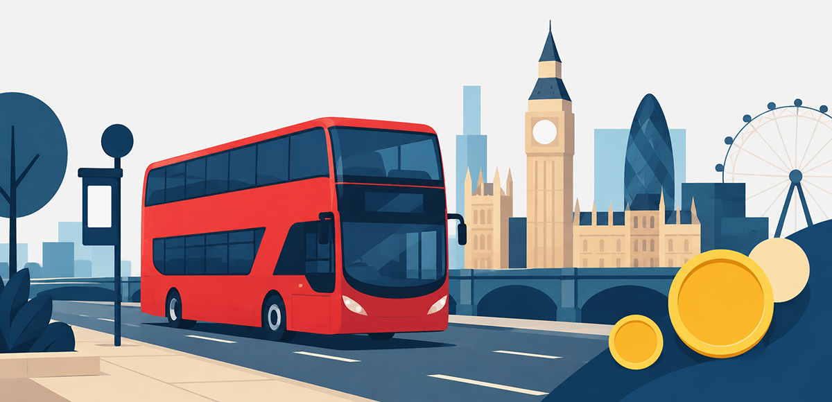 Stylised London street with double-decker bus