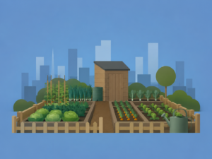 Urban allotment with city skyline